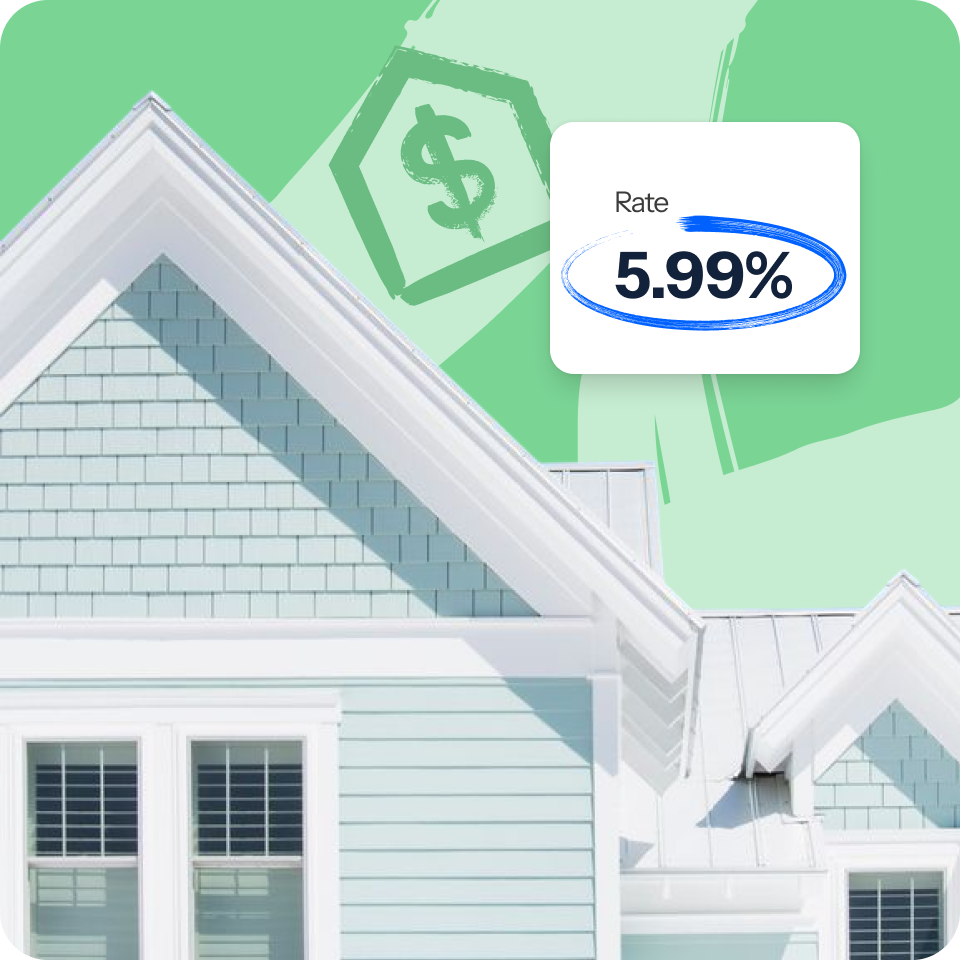 House with a Rate 5.99% callout and a dollar sign illustration
